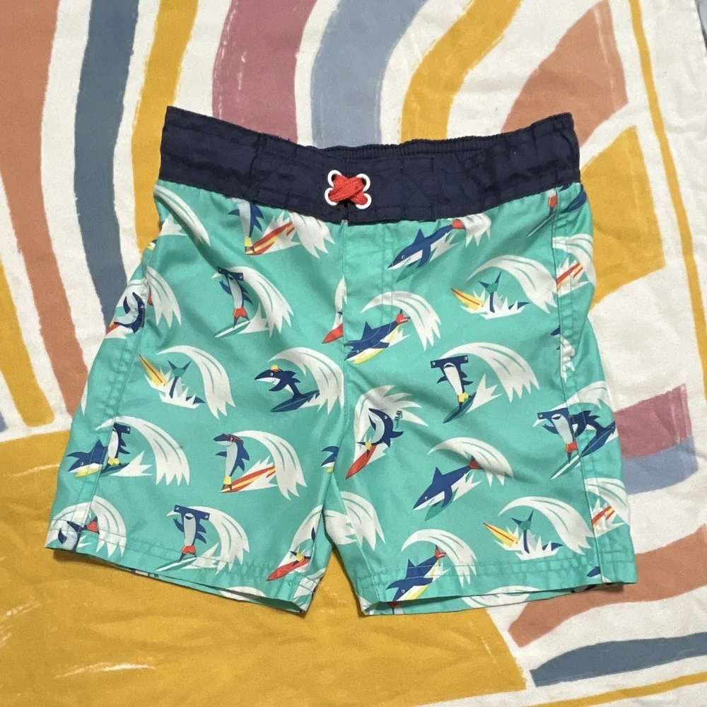 Cat & Jack Boys Shark Print Swim Trunks 4T Green Blue White Drawstring Lined